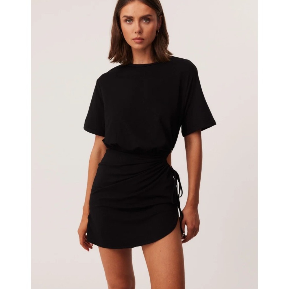 SNDYS. Lola Mini Dress Black Side Cutout Short Sleeve Ruched LBD Night Out S